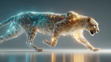 Dynamic running cheetah studio lighting 3d animation futuristic environment close-up view motion art