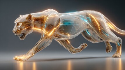 Dynamic glass panther running in futuristic studio environment 3d rendering with neon accents