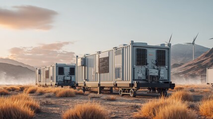 Mobile Energy Solutions in Desert Landscape with Wind Turbines