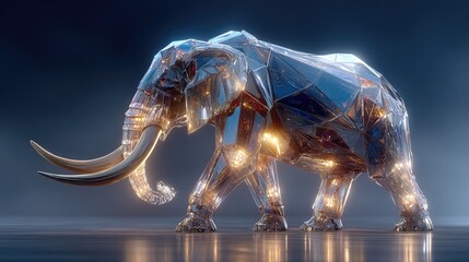 Dynamic crystal elephant sculpture digital art showcase futuristic environment virtual gallery view
