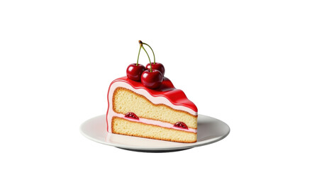 Isolated cake slice with cherries on plate, delicious dessert, appetizing sweet treat