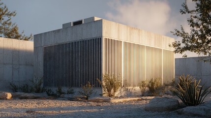Modern Abstract Building with Striped Facade and Desert Landscape