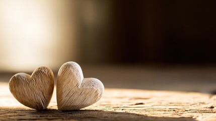 woodwork. Two wooden heart carvings on a rustic table with soft sunlight and delicate shadows. lifestyle magazines, social media lookbooks, designed for influencer and brand collaborations.