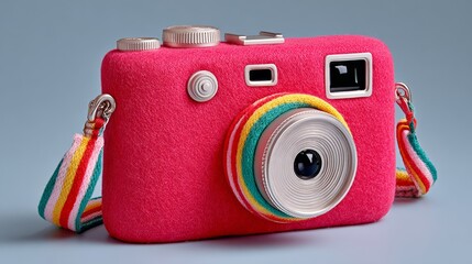 Vibrant pink camera with a unique design and colorful strap, showcasing a playful aesthetic, perfect for photography enthusiasts and creative individuals seeking stylish accessories for capturing mome