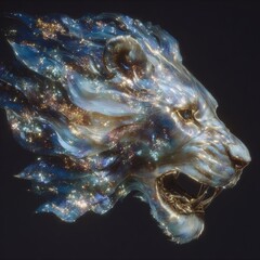 Dynamic lion head sculpture digital art fantasy environment cosmic theme close-up perspective