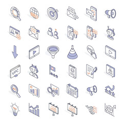 Isometric digital marketing elements representing various online strategies and tools for business growth in modern style.