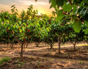 Cherry orchard at sunset