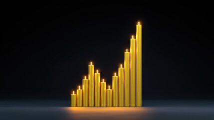 Fototapeta premium Golden Candle Bar Chart Representing Financial Growth and Progress in a Minimalistic Style with a Dark Background and Glowing Candle Tips