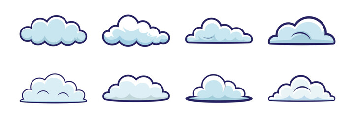 Collection of eight stylized cartoon clouds isolated on a white background, showcasing various shapes and sizes in a light blue hue with subtle shading and dark outlines