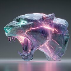 Dynamic energy display of a crystal panther sculpture modern art gallery digital art futuristic environment close-up view