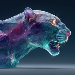 Dynamic crystal panther sculpture art gallery 3d render modern environment side view creative concept