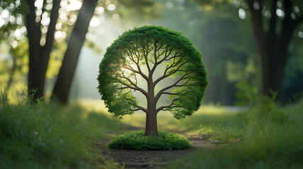 A uniquely shaped tree with a circular canopy stands in a sunlit forest path surrounded by greenery.
