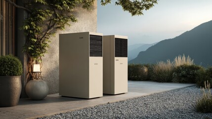 Modern Air Conditioners in Serene Mountain Setting at Dusk