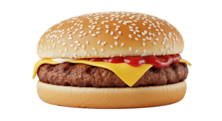 Isolated hamburger on sesame seed bun with cheese, ketchup and patty, American snack food