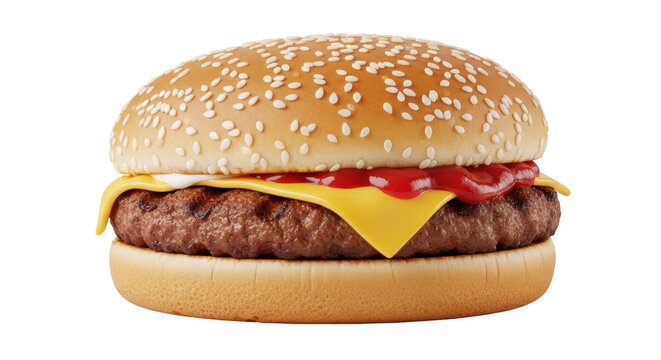 Isolated hamburger on sesame seed bun with cheese, ketchup and patty, American snack food