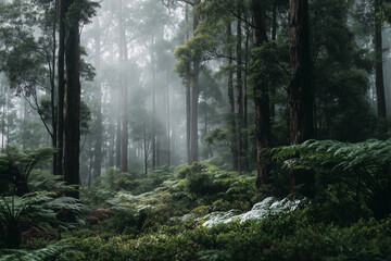 A forest scene during heavy rainfall, mist rising among the trees, wet leaves glistening, creating a mysterious and atmospheric environment.