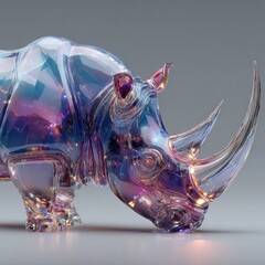 Intricate glass rhinoceros sculpture contemporary art studio setting vibrant colors close-up perspective artistic representation