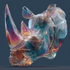 Artistic representation of a rhinoceros head studio setup 3d rendering colorful glass close view modern sculpture