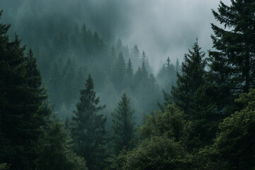A forest scene during heavy rainfall, mist rising among the trees, wet leaves glistening, creating a mysterious and atmospheric environment.