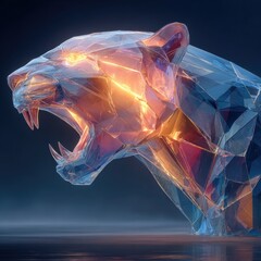 Dynamic geometric panther sculpture abstract art showcase modern gallery vibrant colors close-up perspective