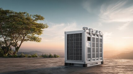 Modern Air Conditioning Unit Surrounded by Scenic Landscape at Sunset