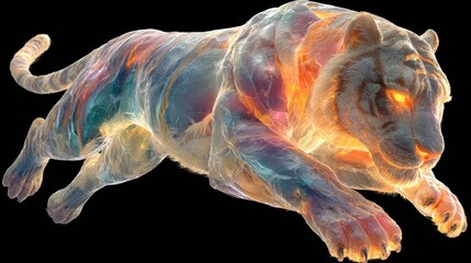 Dynamic abstract tiger leaping in cosmic colors digital art vibrant environment futuristic viewpoint