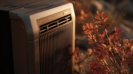 Modern Air Conditioning Unit Surrounded by Nature at Sunset