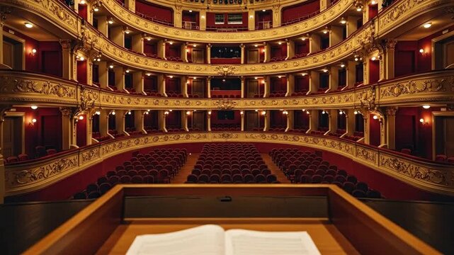 A view from a wooden lectern on a stage overlooking an empty grand theater with red seats and ornate gold balconies