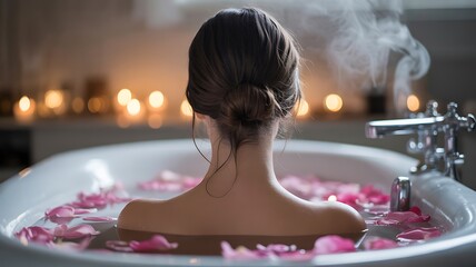 Woman in a bathtub filled with rose petals and warm steam. A serene and luxurious self-care and relaxation moment.
