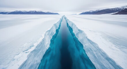Vast Frozen Landscape With A Deep Blue Ice Crack Revealing Water Below