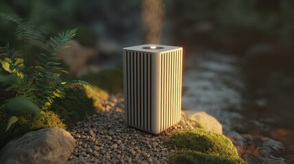Modern Air Purifier in Natural Setting with Greenery and Stream