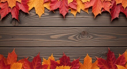 Autumn Leaves Frame a Rustic Wooden Background Season Scene