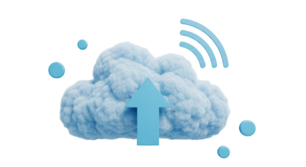 Isolated 3D cloud icon with blue arrow pointing upward for data upload, wireless connectivity