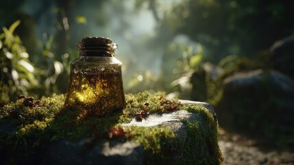 Glass Jar With Liquid Sitting on Mossy Stone in Forest Setting