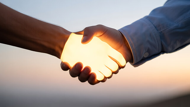 Two hands shaking against a glowing sunset sky, symbolizing agreement or partnership.