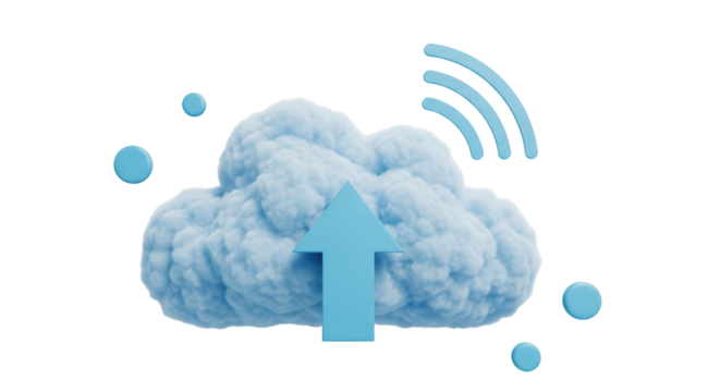 Isolated 3D cloud icon with blue arrow pointing upward for data upload, wireless connectivity