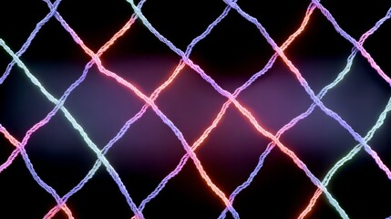 Fototapeta premium Colorful illuminated mesh pattern with intertwining strands creating a vibrant abstract design, showcasing a dynamic interplay of light and shadow against a dark background for visual impact