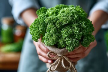 Fresh green parsley held in hands, wrapped in burlap, showcasing vibrant texture and natural beauty, perfect for culinary use and healthy lifestyle concepts