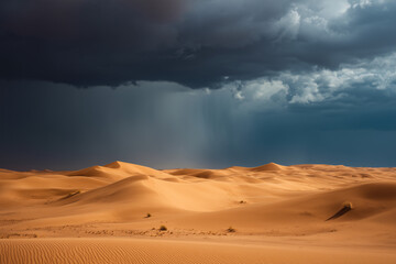 A desert landscape with rare rainfall, storm clouds casting shadows over sand dunes, creating a dramatic and contrasting natural scene.
