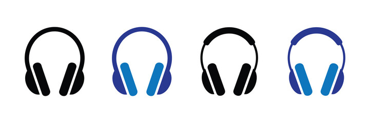 Set of four headphone icons, two black and two blue, isolated on a white background