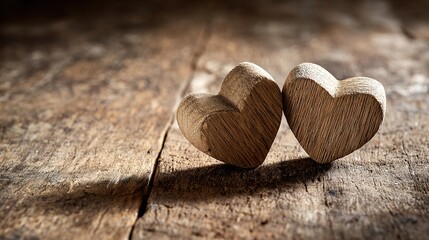woodwork. Two wooden heart carvings on a rustic table with soft sunlight and delicate shadows. lifestyle magazines, social media lookbooks, designed for influencer and brand collaborations.