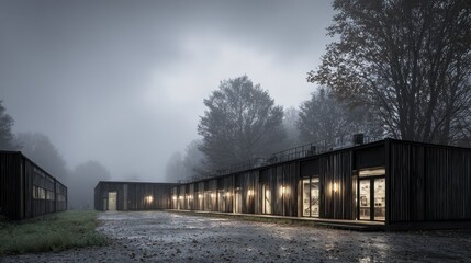 Modern Architectural Building Surrounded by Trees and Fog at Night