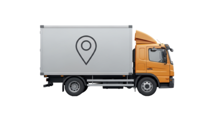 Isolated Orange Delivery Truck with Location Pin Symbol for Shipping, Logistics Concept