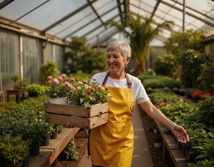 Joyful senior woman in greenhouse embracing gardening passion with colorful flowers