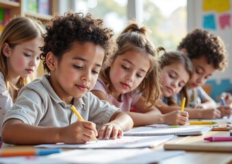 Engaged elementary students in a colorful classroom setting with natural lighting