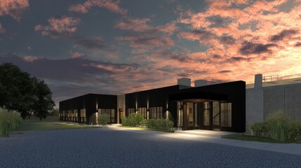 Modern Architectural Design Building Against Dramatic Sunset Sky