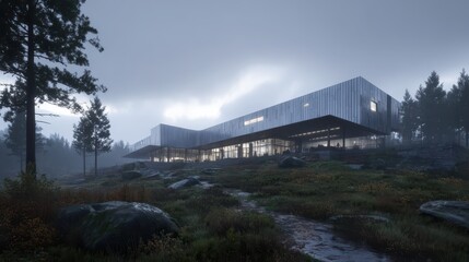 Modern Architectural Design in Foggy Landscape with Rocky Terrain