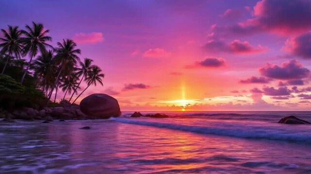 &ldquo;Tropical beach at sunrise or sunset, vibrant purple, pink, and orange sky, scattered clouds reflecting colors. Calm ocean with gentle waves, sandy shore with dark rocks, silhouetted palm trees on lef