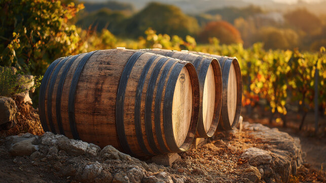Rustic wooden wine barrels placed on a stone path amid lush green vineyards under warm golden sunlight with blurred hills in the background creating a picturesque landscape. - Powered by Adobe