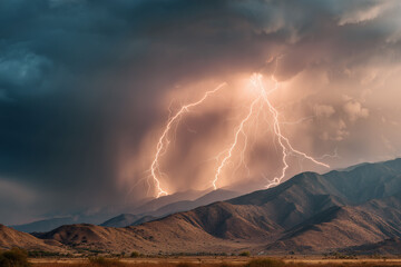 A dramatic storm scene with lightning striking above mountain peaks, storm clouds glowing brightly against the rugged landscape.